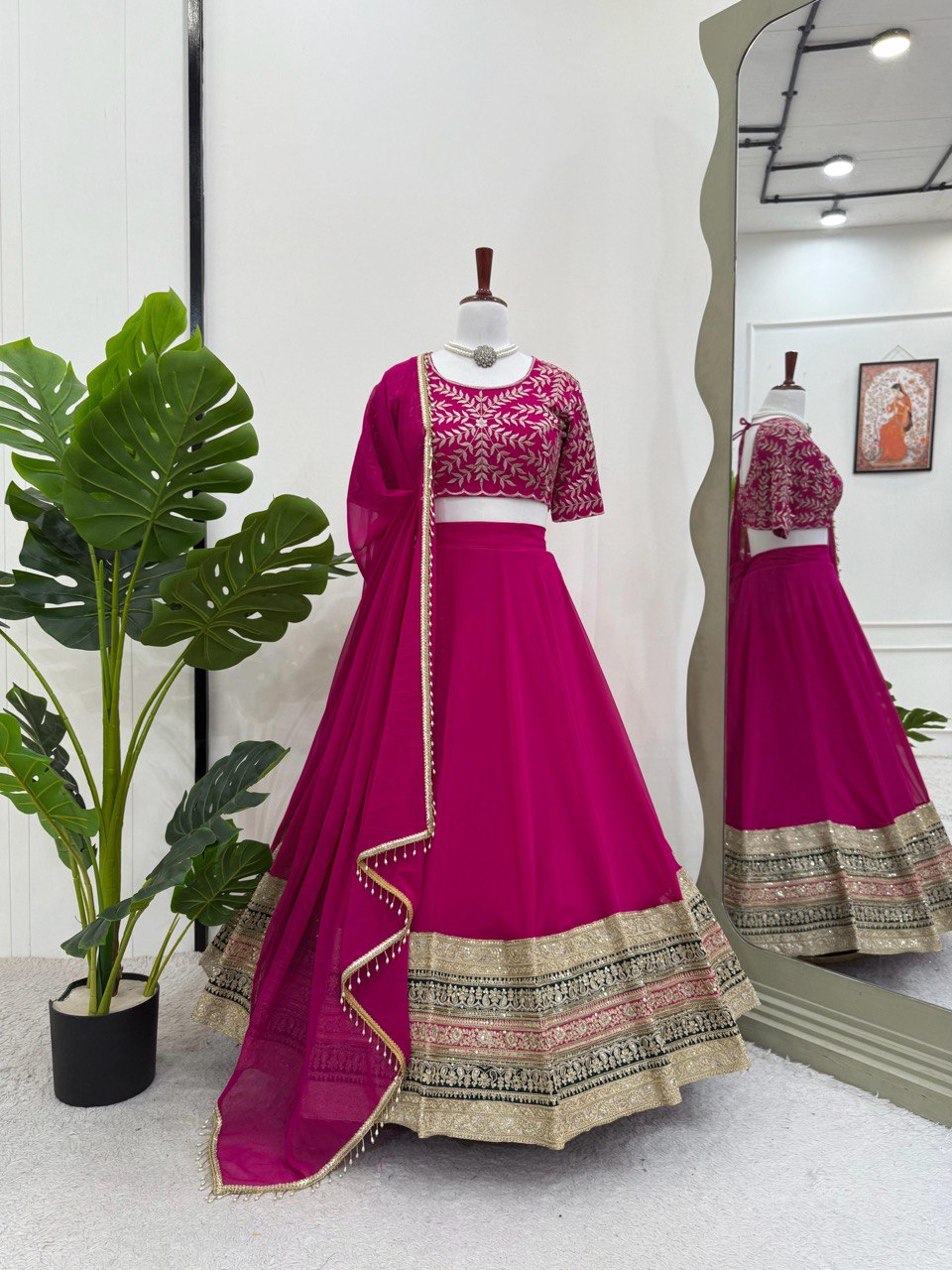 Pink Elegant Faux Georgette Semi-Stitched Lehenga Choli with Sequin Embroidery & Dupatta