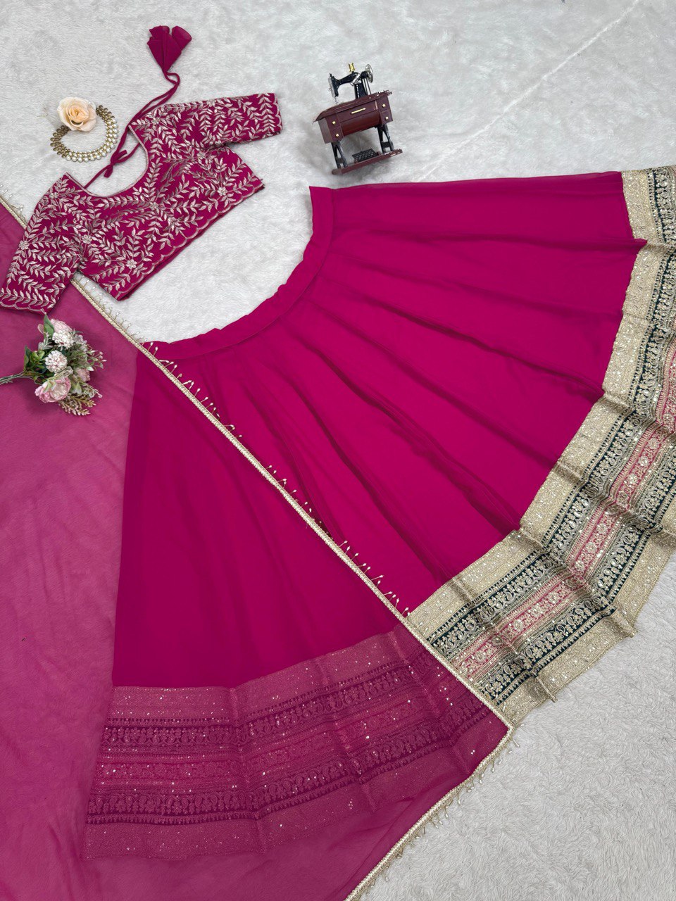 Pink Elegant Faux Georgette Semi-Stitched Lehenga Choli with Sequin Embroidery & Dupatta