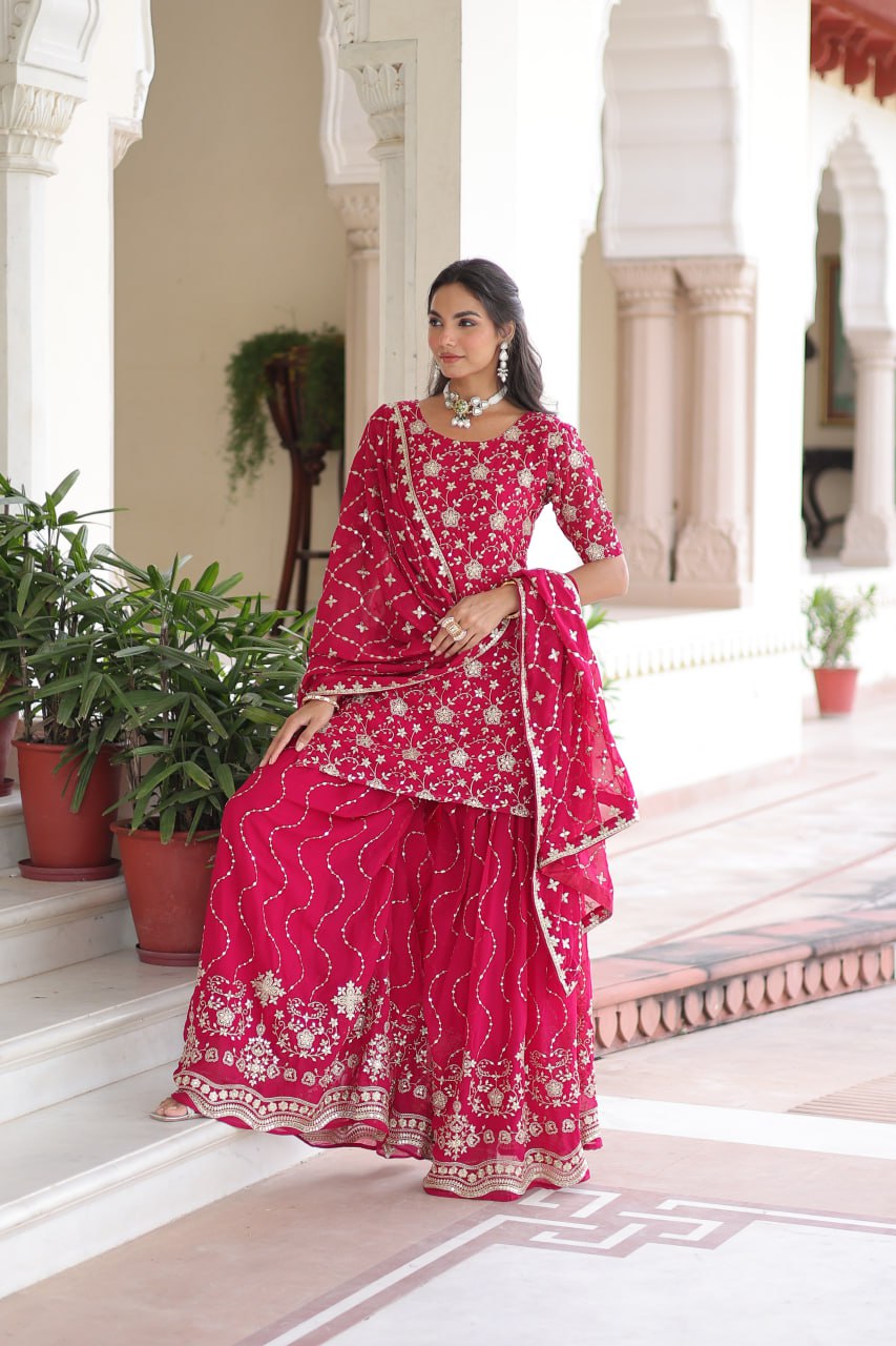 Pink Elegant Faux Georgette Sequins Embroidered Kurti with Sharara & Dupatta Set – Premium Party & Festive Wear