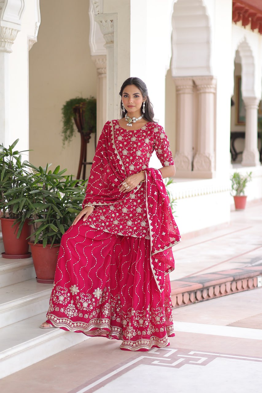 Pink Elegant Faux Georgette Sequins Embroidered Kurti with Sharara & Dupatta Set – Premium Party & Festive Wear