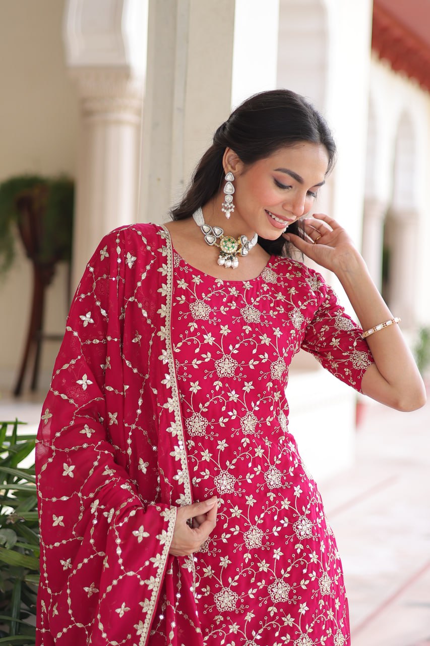 Pink Elegant Faux Georgette Sequins Embroidered Kurti with Sharara & Dupatta Set – Premium Party & Festive Wear