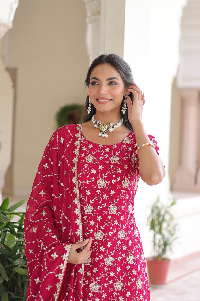 Pink Elegant Faux Georgette Sequins Embroidered Kurti with Sharara & Dupatta Set – Premium Party & Festive Wear