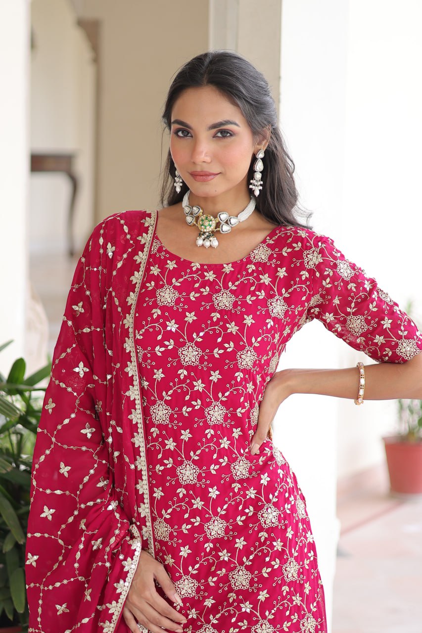 Pink Elegant Faux Georgette Sequins Embroidered Kurti with Sharara & Dupatta Set – Premium Party & Festive Wear
