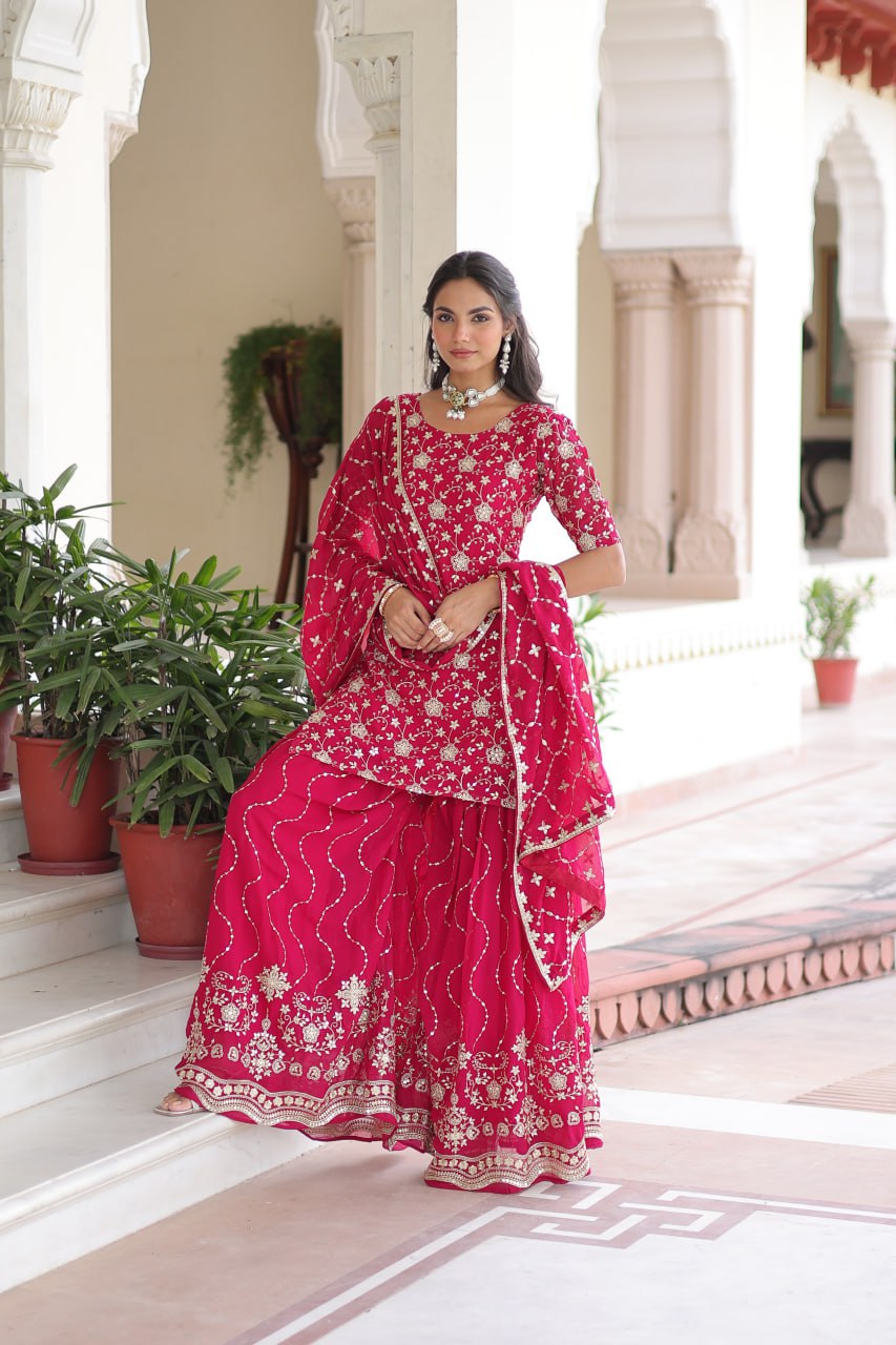 Pink Elegant Faux Georgette Sequins Embroidered Kurti with Sharara & Dupatta Set – Premium Party & Festive Wear
