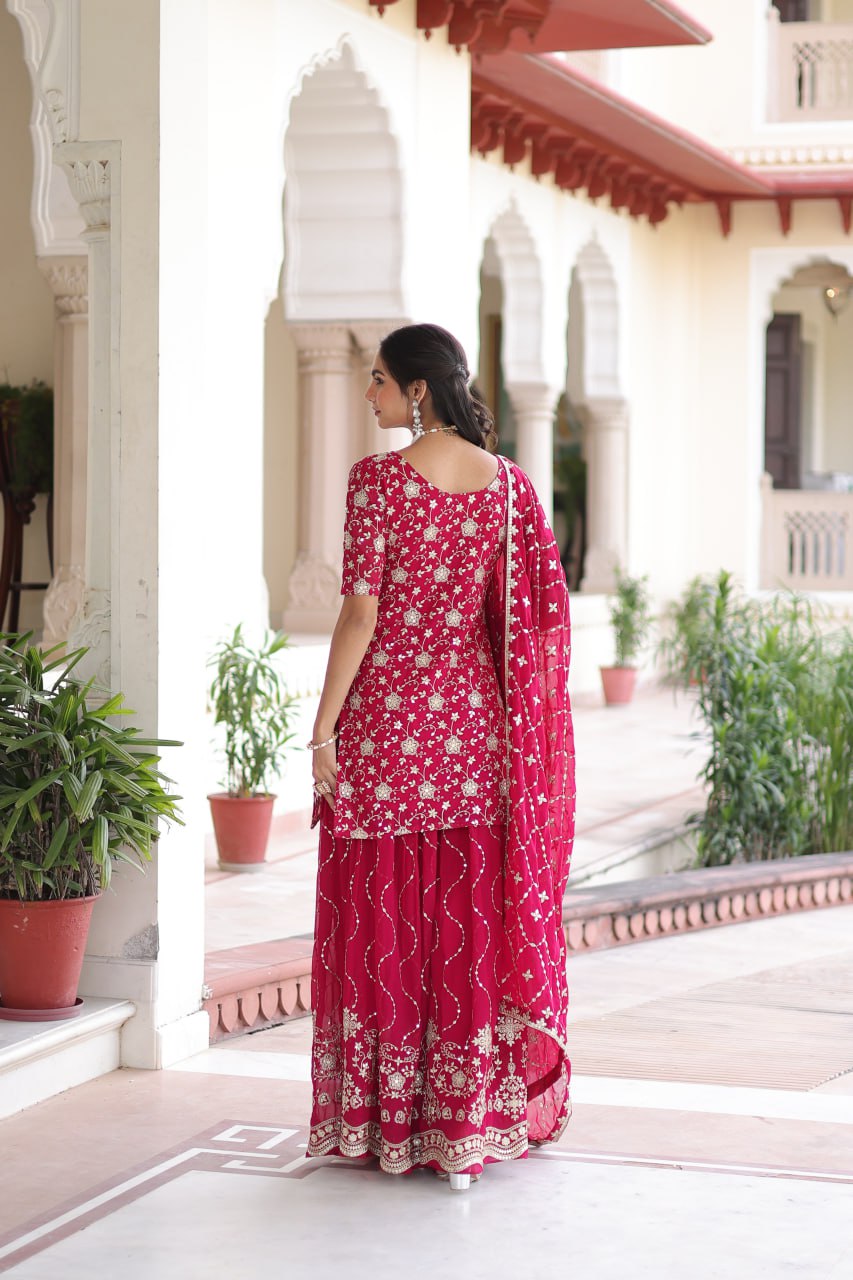 Pink Elegant Faux Georgette Sequins Embroidered Kurti with Sharara & Dupatta Set – Premium Party & Festive Wear