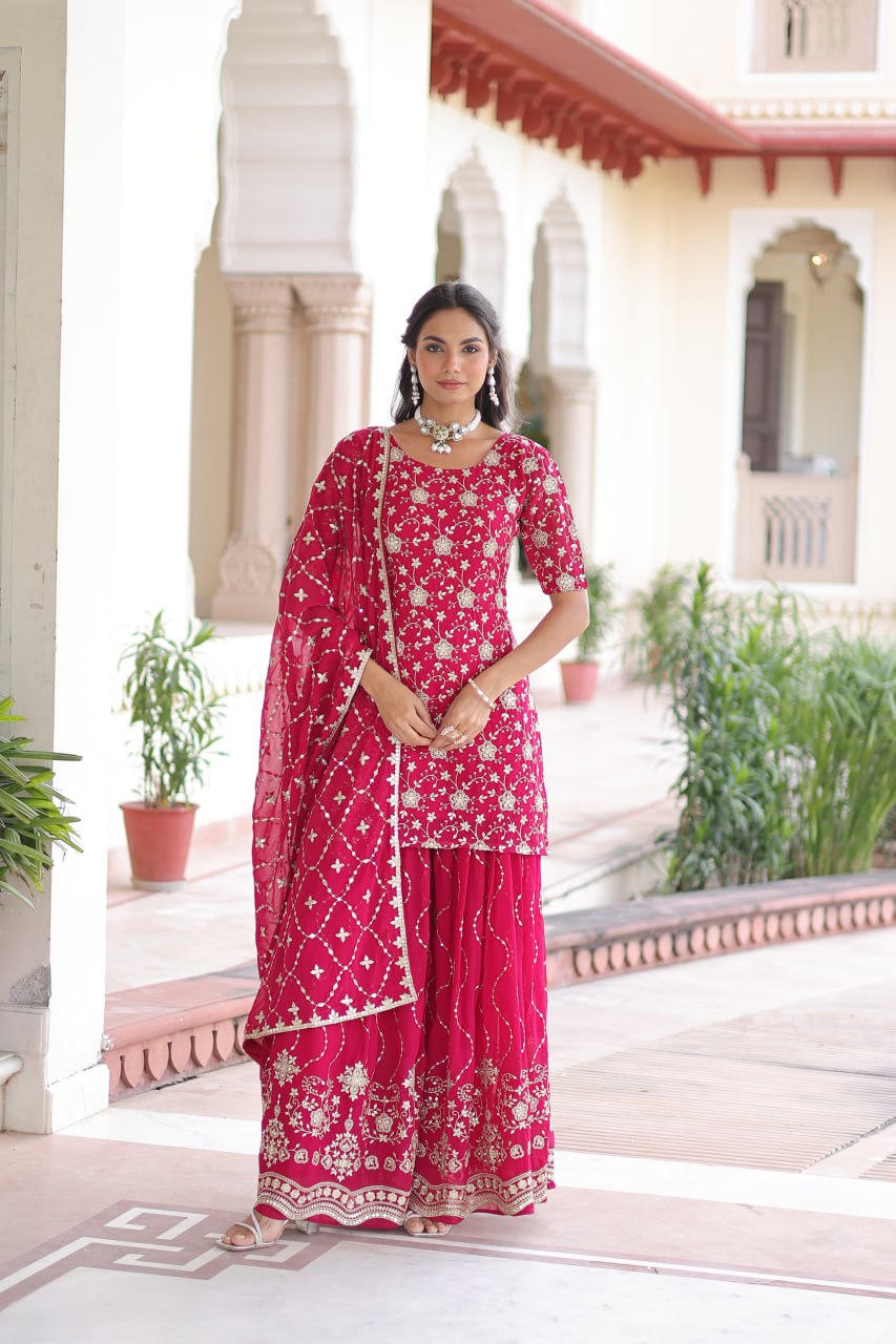 Pink Elegant Faux Georgette Sequins Embroidered Kurti with Sharara & Dupatta Set – Premium Party & Festive Wear