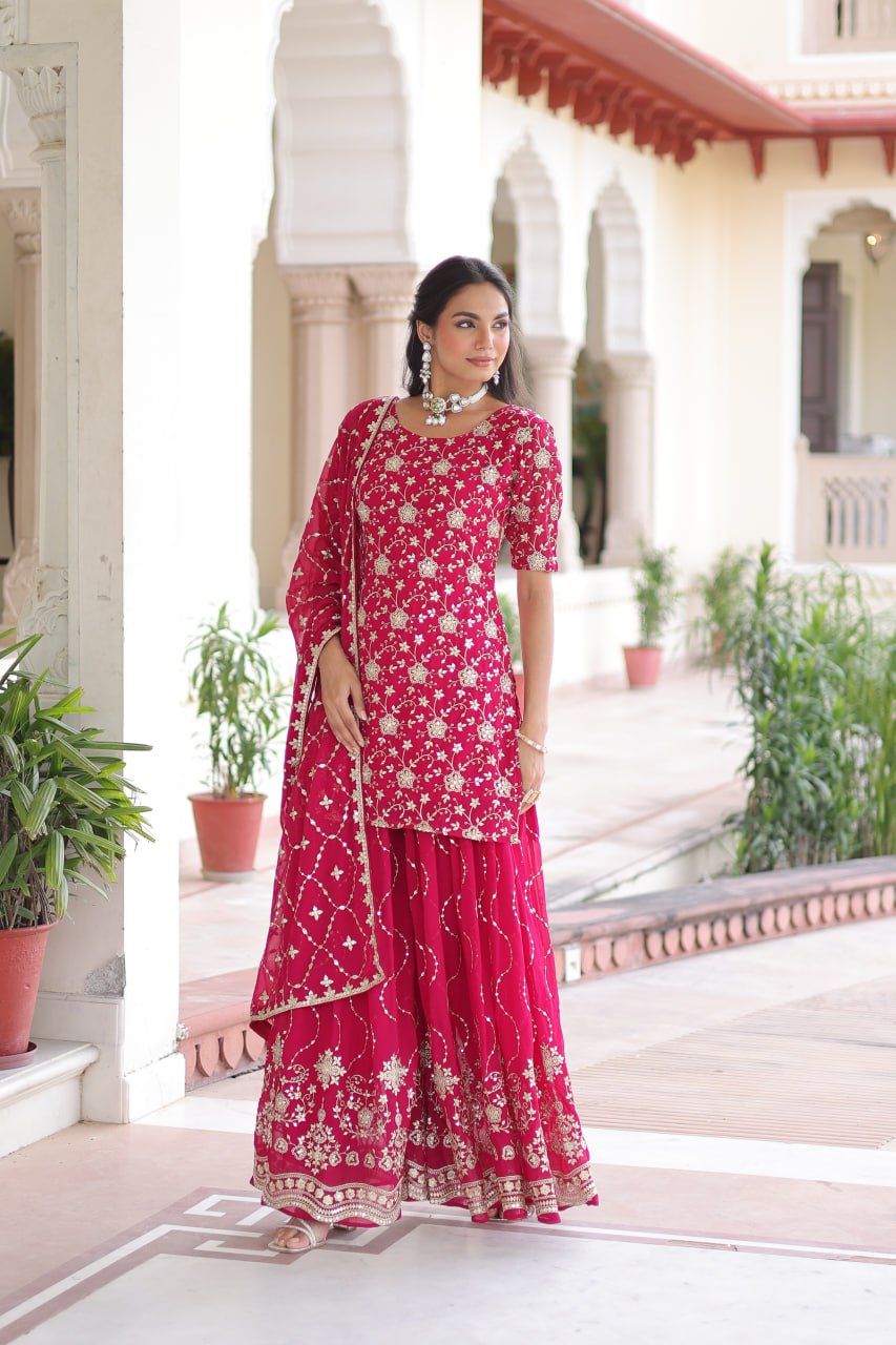 Pink Elegant Faux Georgette Sequins Embroidered Kurti with Sharara & Dupatta Set – Premium Party & Festive Wear