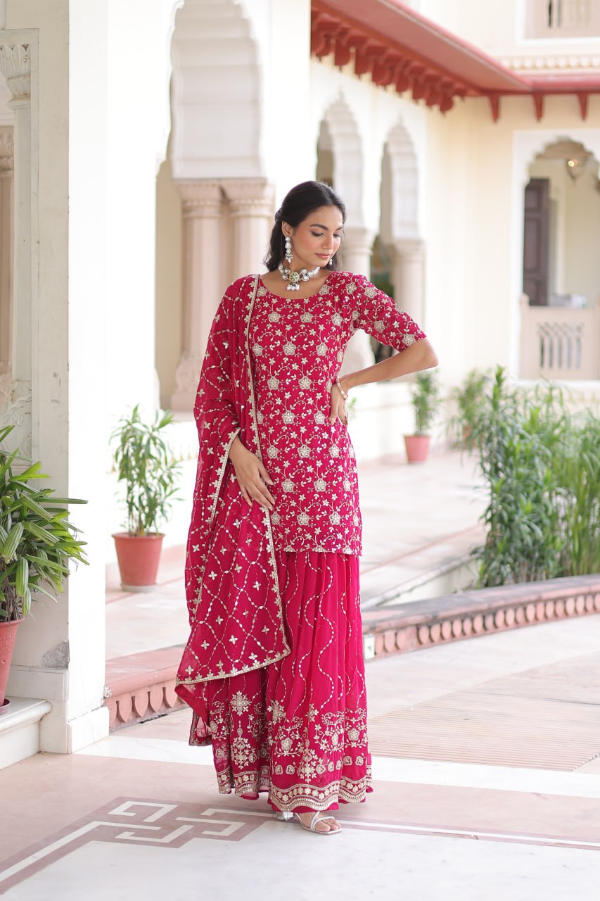 Pink Elegant Faux Georgette Sequins Embroidered Kurti with Sharara & Dupatta Set – Premium Party & Festive Wear