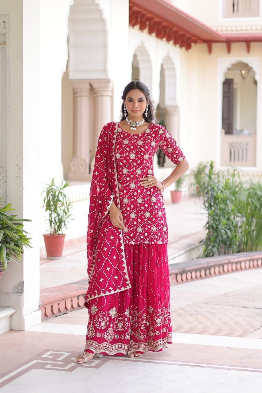 Pink Elegant Faux Georgette Sequins Embroidered Kurti with Sharara & Dupatta Set – Premium Party & Festive Wear