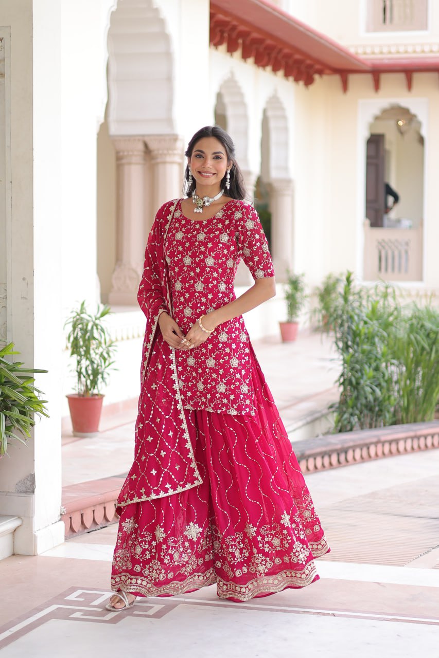 Pink Elegant Faux Georgette Sequins Embroidered Kurti with Sharara & Dupatta Set – Premium Party & Festive Wear