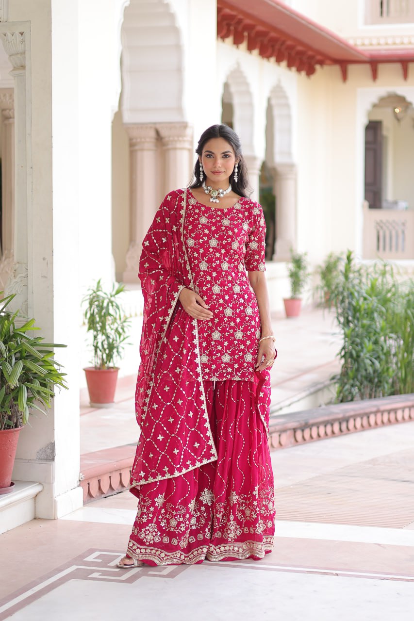 Pink Elegant Faux Georgette Sequins Embroidered Kurti with Sharara & Dupatta Set – Premium Party & Festive Wear
