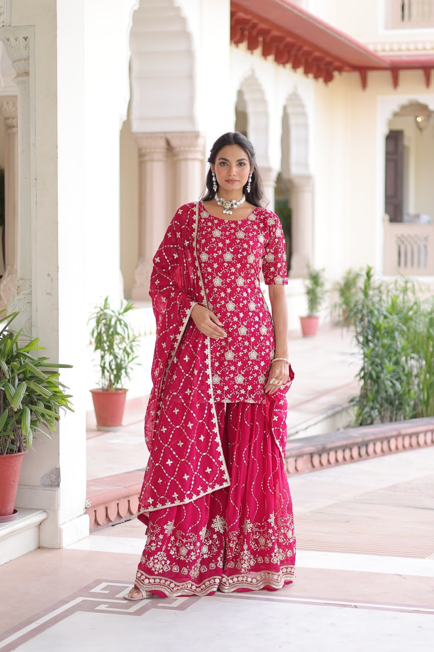 Pink Elegant Faux Georgette Sequins Embroidered Kurti with Sharara & Dupatta Set – Premium Party & Festive Wear