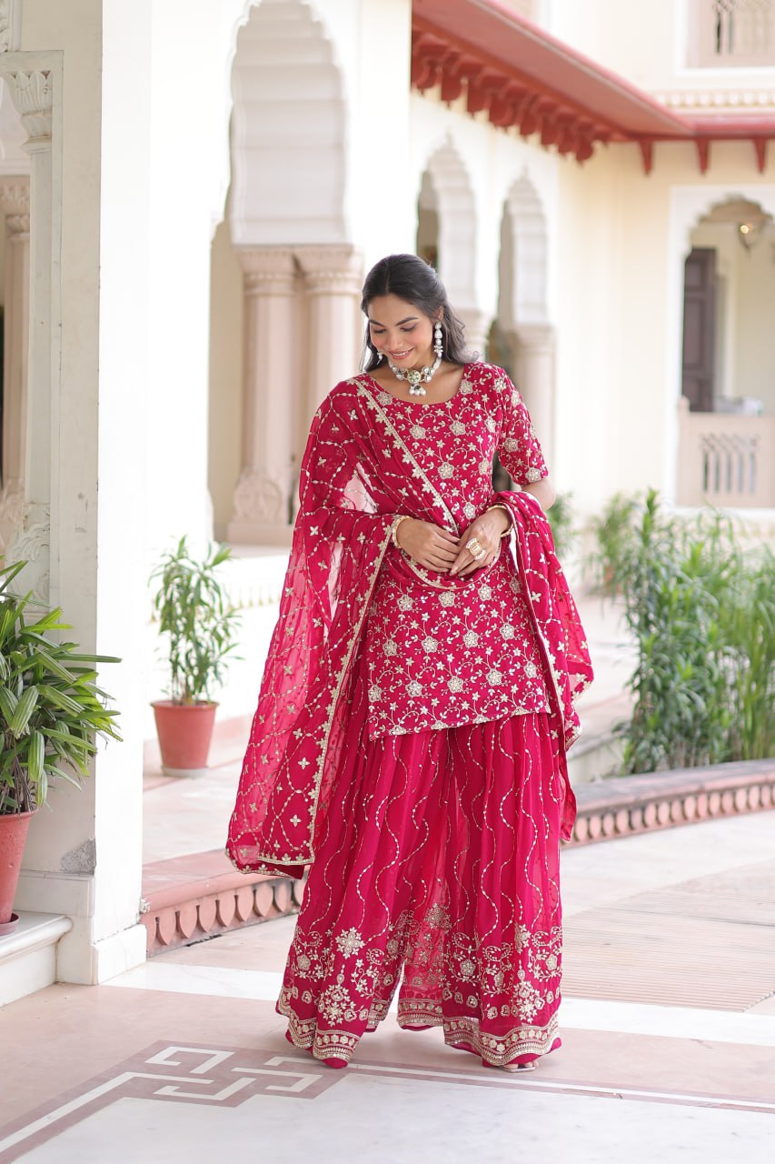 Pink Elegant Faux Georgette Sequins Embroidered Kurti with Sharara & Dupatta Set – Premium Party & Festive Wear