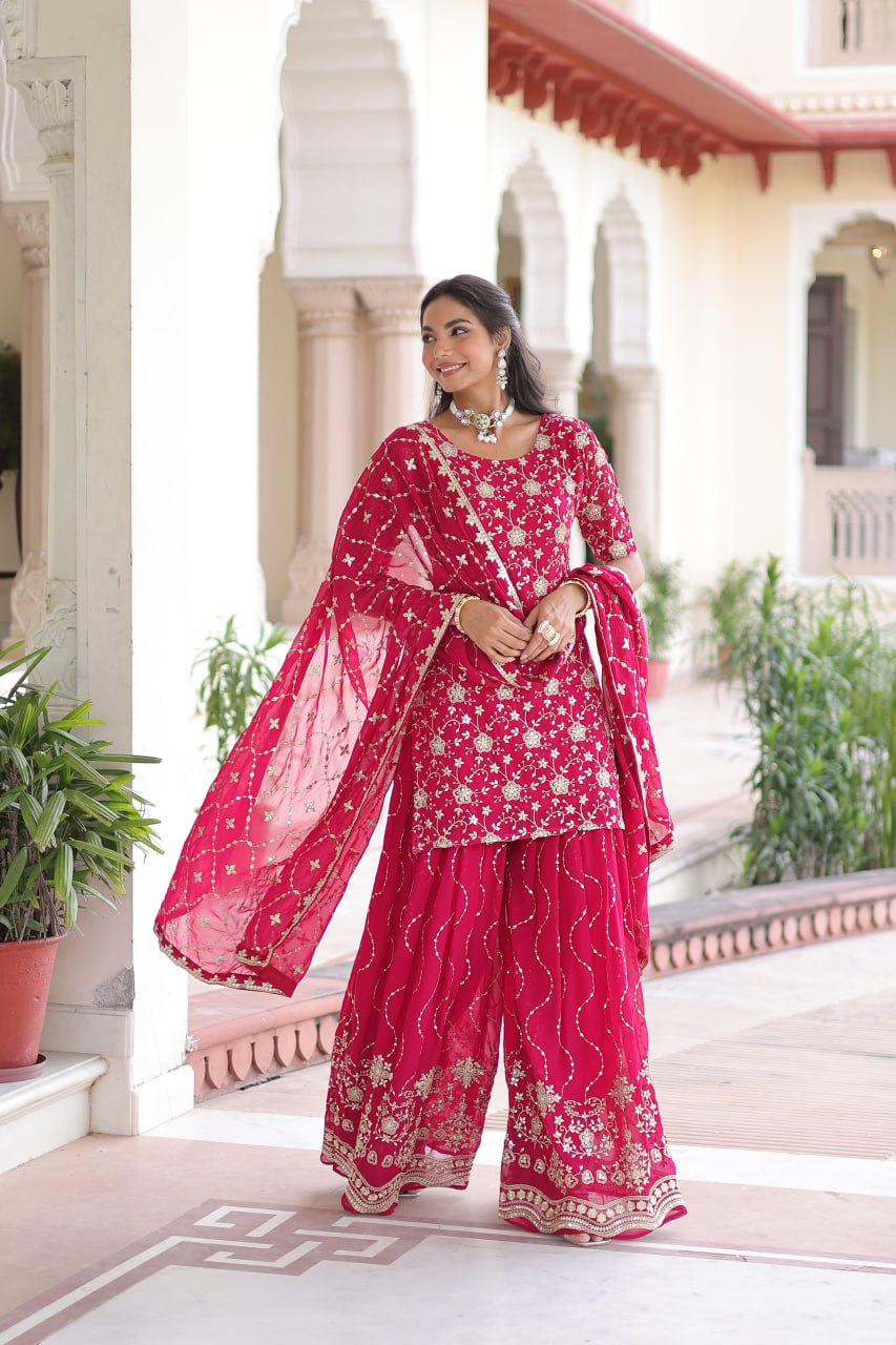 Pink Elegant Faux Georgette Sequins Embroidered Kurti with Sharara & Dupatta Set – Premium Party & Festive Wear