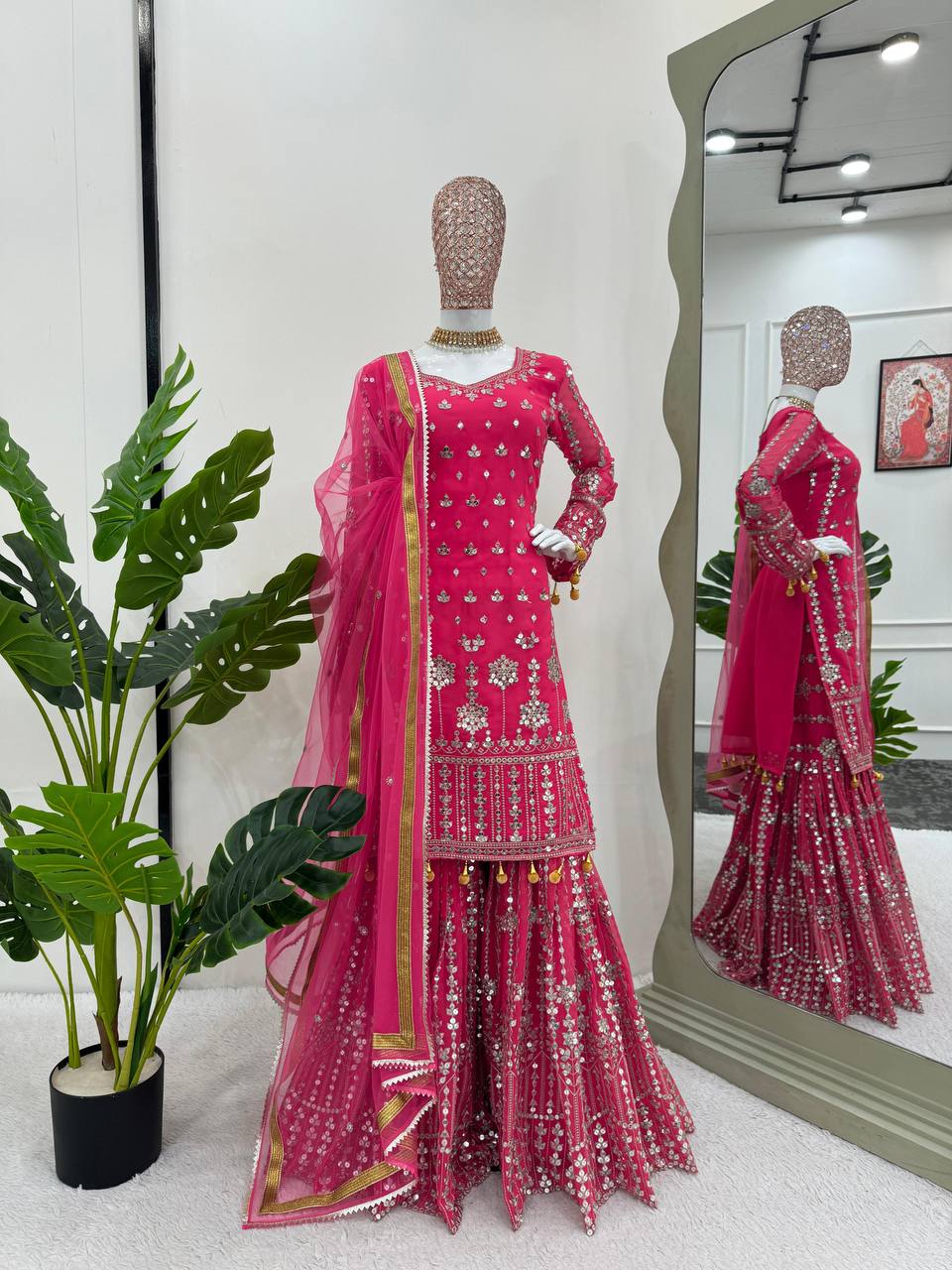 Pink Elegant Faux Georgette Sharara Set with Butterfly Net Dupatta