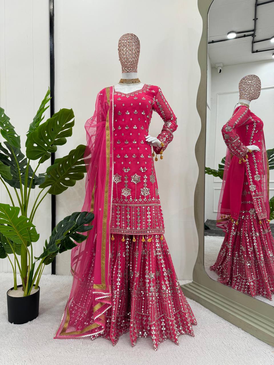 Pink Elegant Faux Georgette Sharara Set with Butterfly Net Dupatta