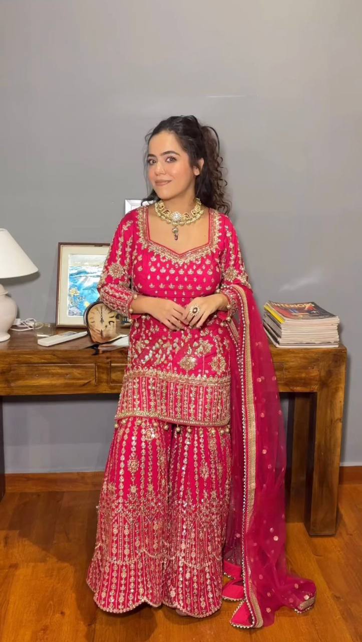 Pink Elegant Faux Georgette Sharara Set with Butterfly Net Dupatta