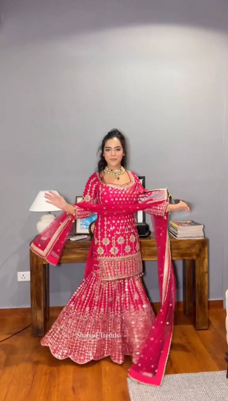 Pink Elegant Faux Georgette Sharara Set with Butterfly Net Dupatta