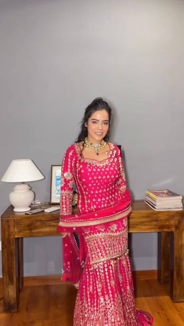 Pink Elegant Faux Georgette Sharara Set with Butterfly Net Dupatta