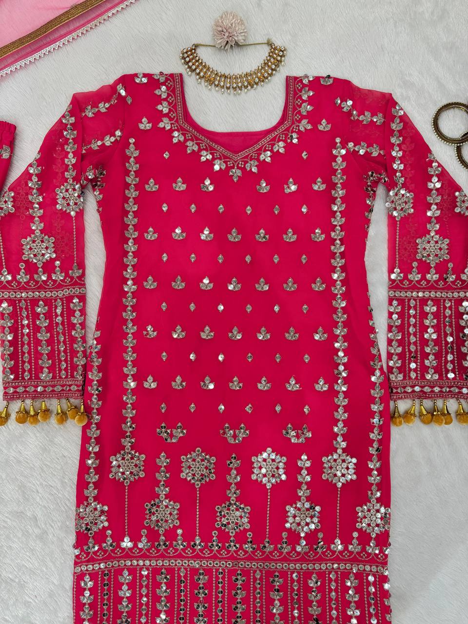 Pink Elegant Faux Georgette Sharara Set with Butterfly Net Dupatta
