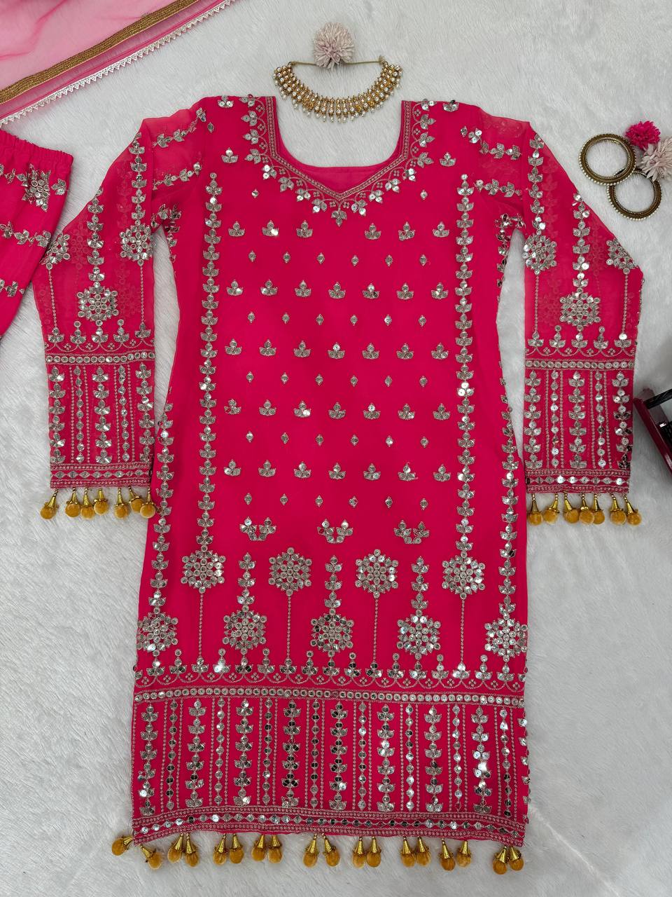 Pink Elegant Faux Georgette Sharara Set with Butterfly Net Dupatta