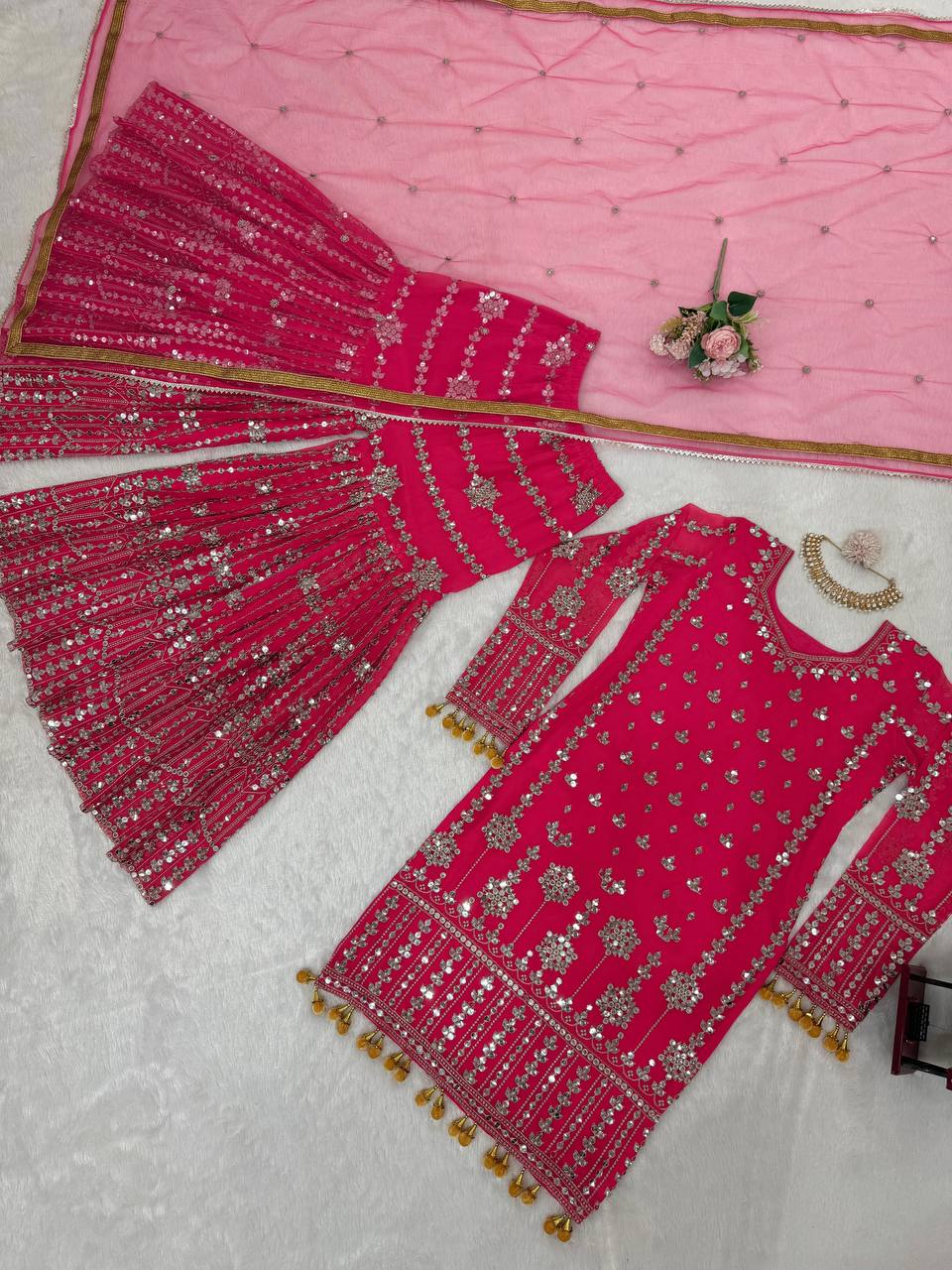 Pink Elegant Faux Georgette Sharara Set with Butterfly Net Dupatta