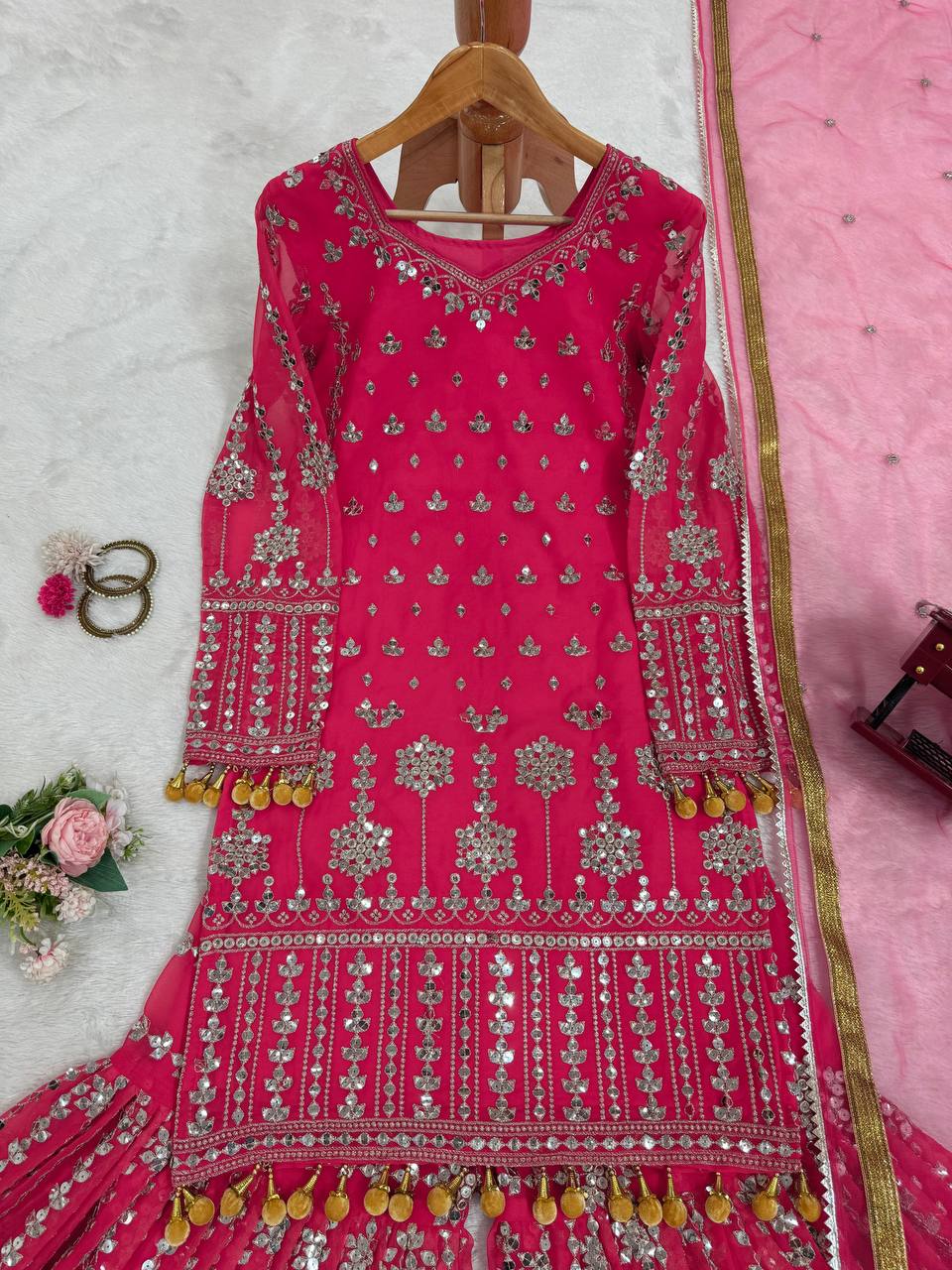 Pink Elegant Faux Georgette Sharara Set with Butterfly Net Dupatta