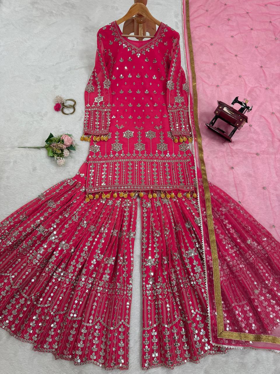 Pink Elegant Faux Georgette Sharara Set with Butterfly Net Dupatta