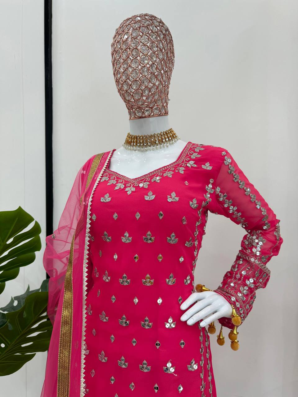 Pink Elegant Faux Georgette Sharara Set with Butterfly Net Dupatta