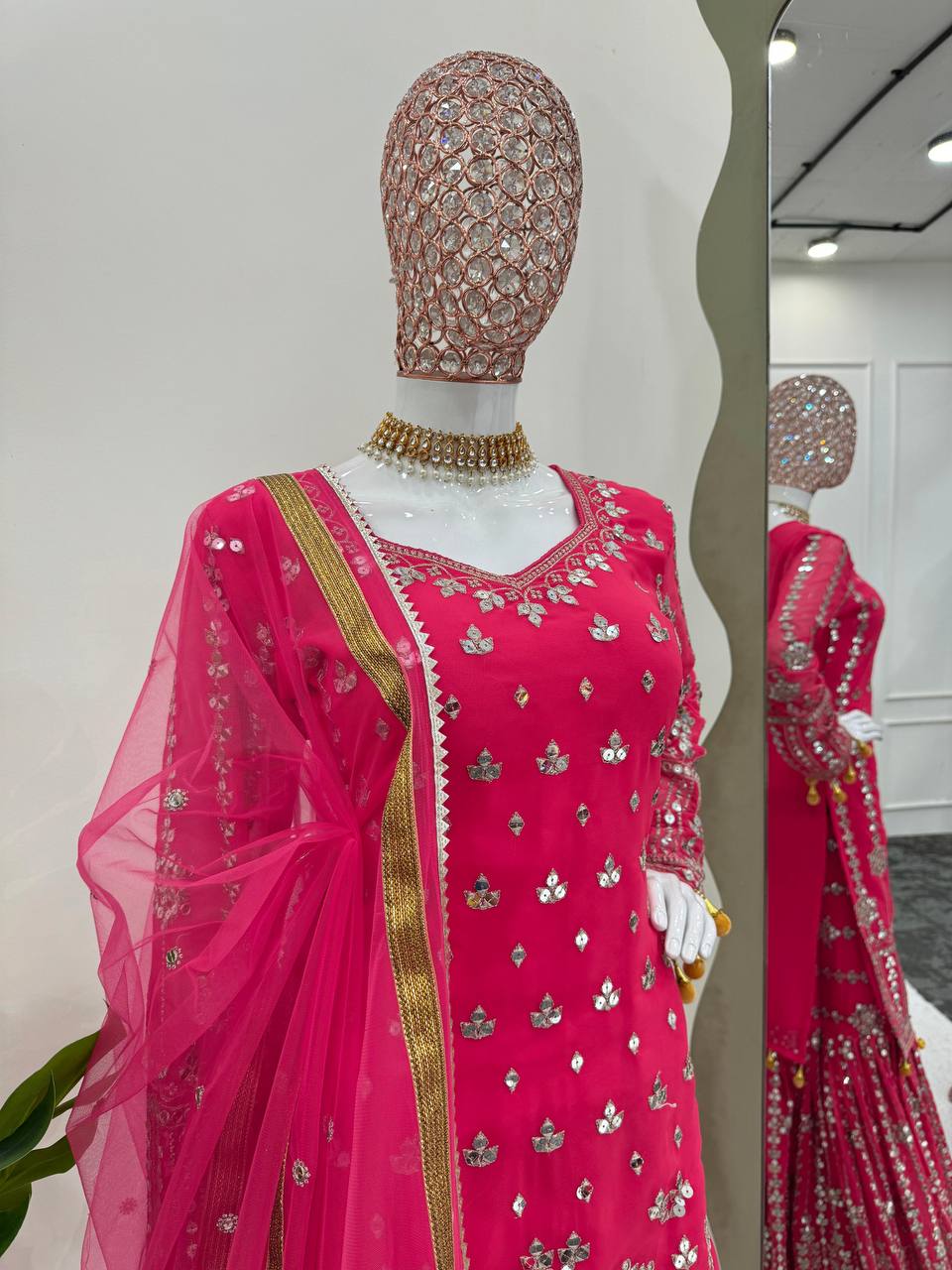 Pink Elegant Faux Georgette Sharara Set with Butterfly Net Dupatta