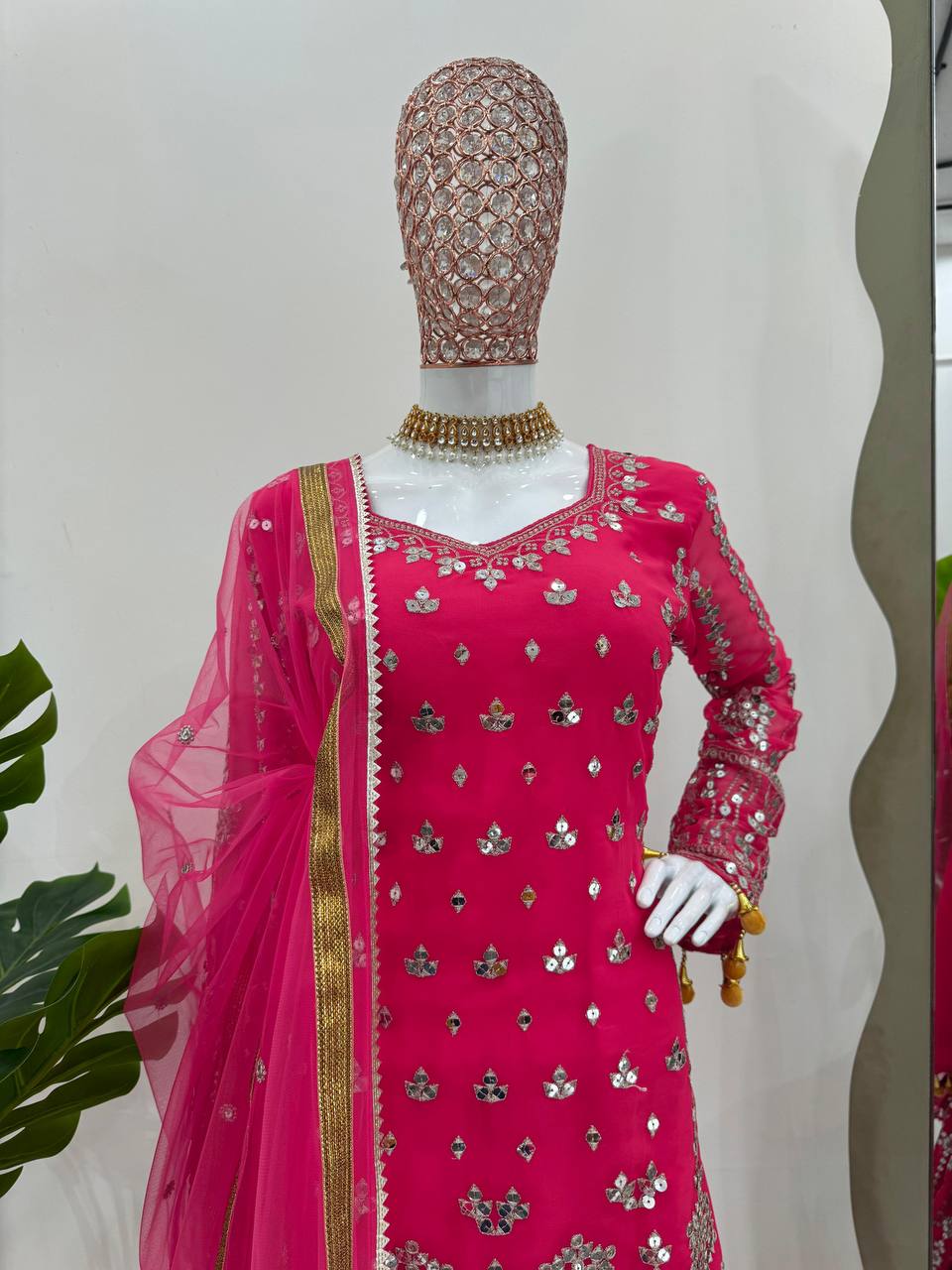 Pink Elegant Faux Georgette Sharara Set with Butterfly Net Dupatta