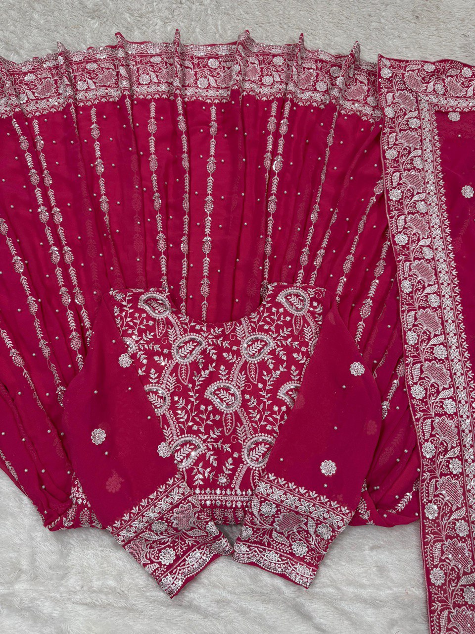 Pink Elegant Faux Georgette Thread & Sequin Embellished Suit Set with Rivet Moti Detailing