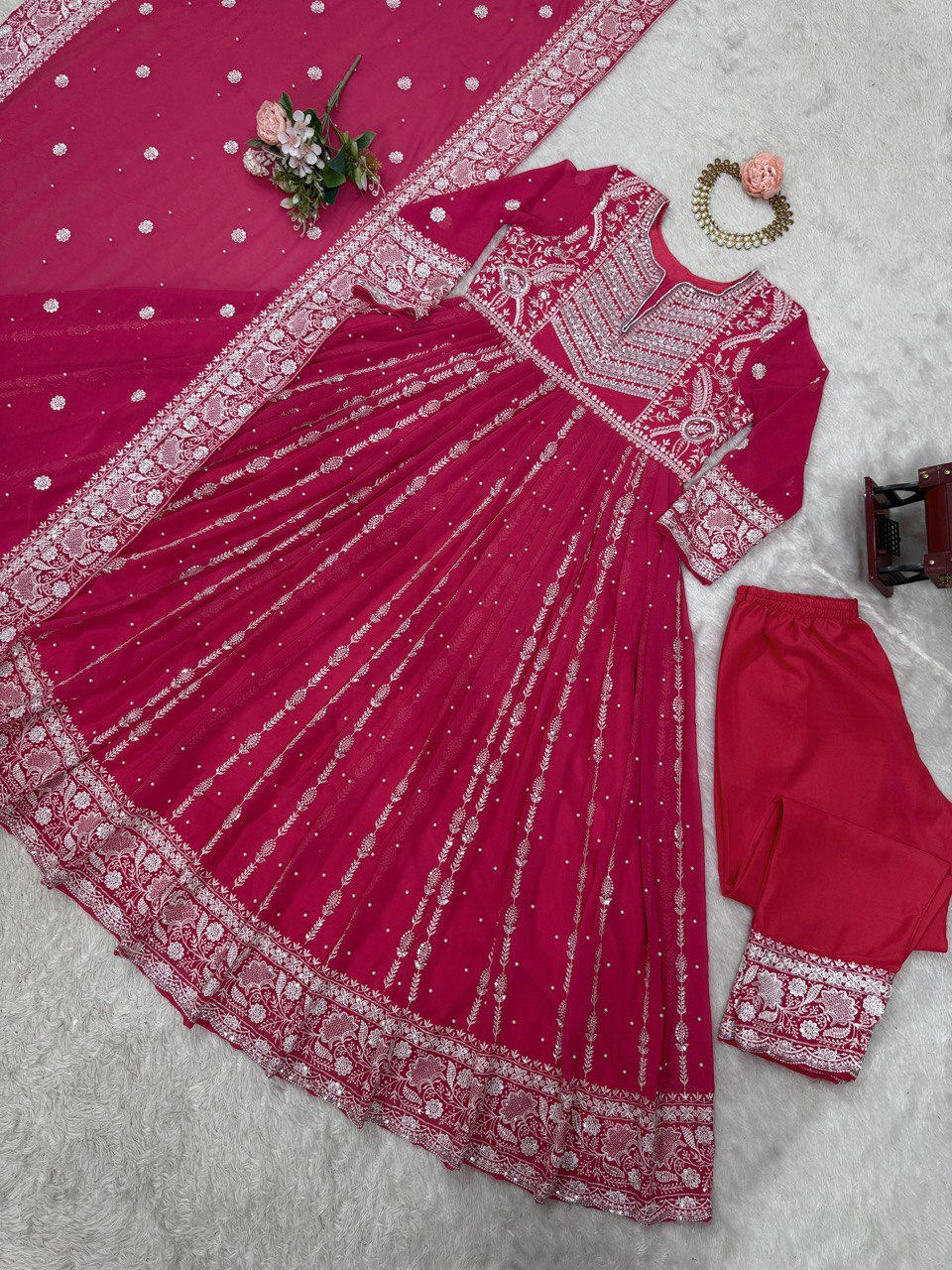 Pink Elegant Faux Georgette Thread & Sequin Embellished Suit Set with Rivet Moti Detailing