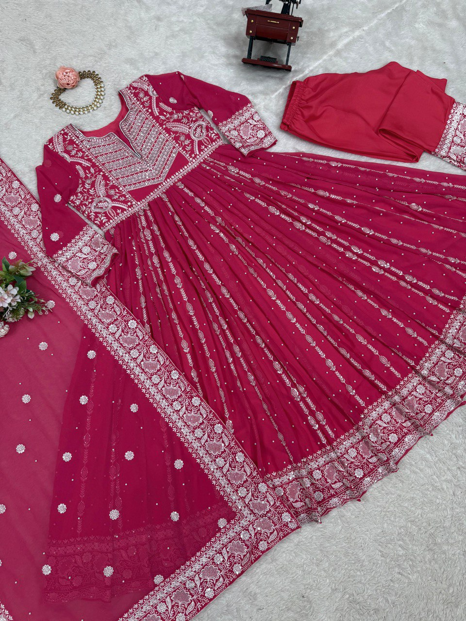 Pink Elegant Faux Georgette Thread & Sequin Embellished Suit Set with Rivet Moti Detailing