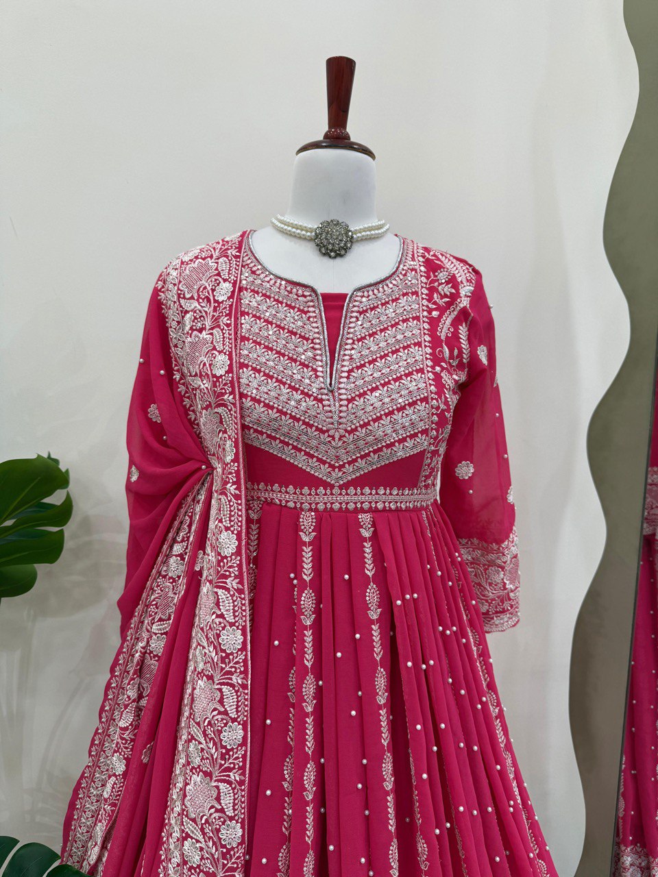 Pink Elegant Faux Georgette Thread & Sequin Embellished Suit Set with Rivet Moti Detailing