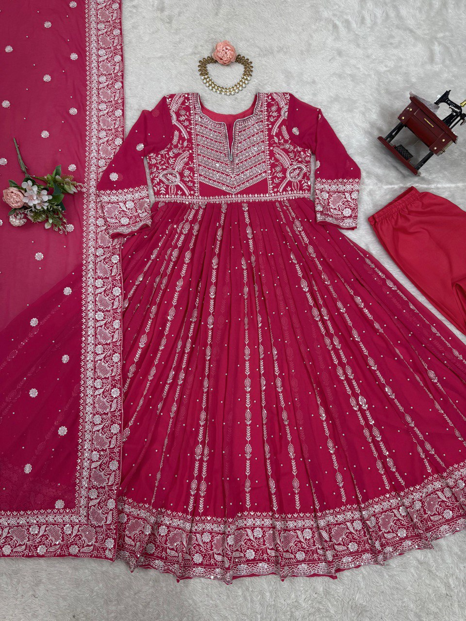 Pink Elegant Faux Georgette Thread & Sequin Embellished Suit Set with Rivet Moti Detailing