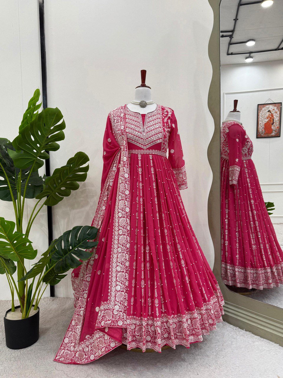Pink Elegant Faux Georgette Thread & Sequin Embellished Suit Set with Rivet Moti Detailing
