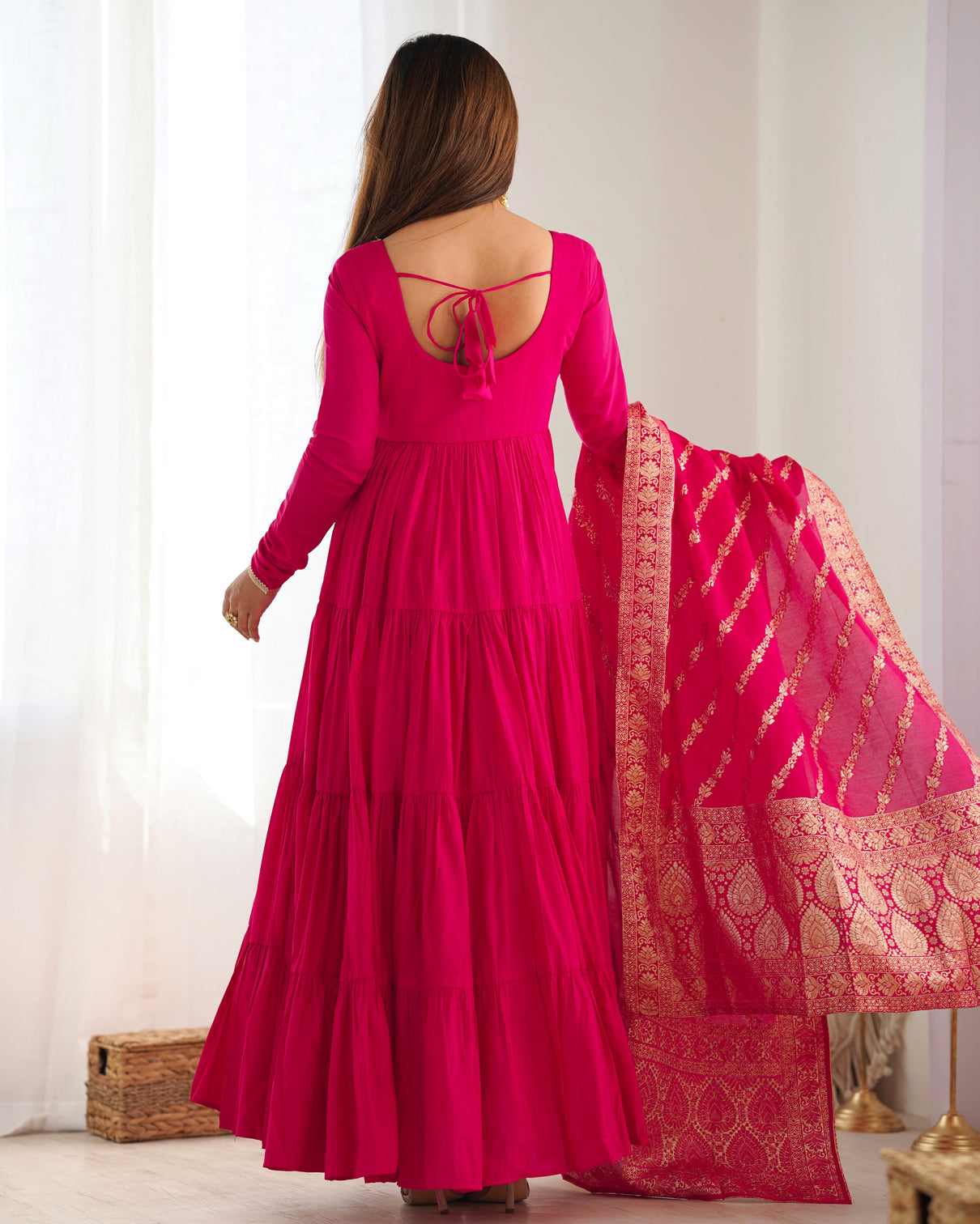 Pink Elegant Festive Pure Romansilk Chanderi Anarkali Suit with Banarasi Dupatta