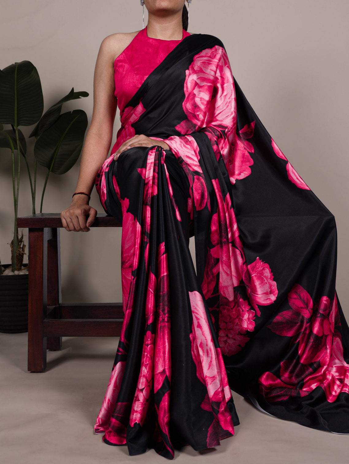 Pink Elegant Floral Print Satin Silk Saree with Plain Banglory Blouse Piece