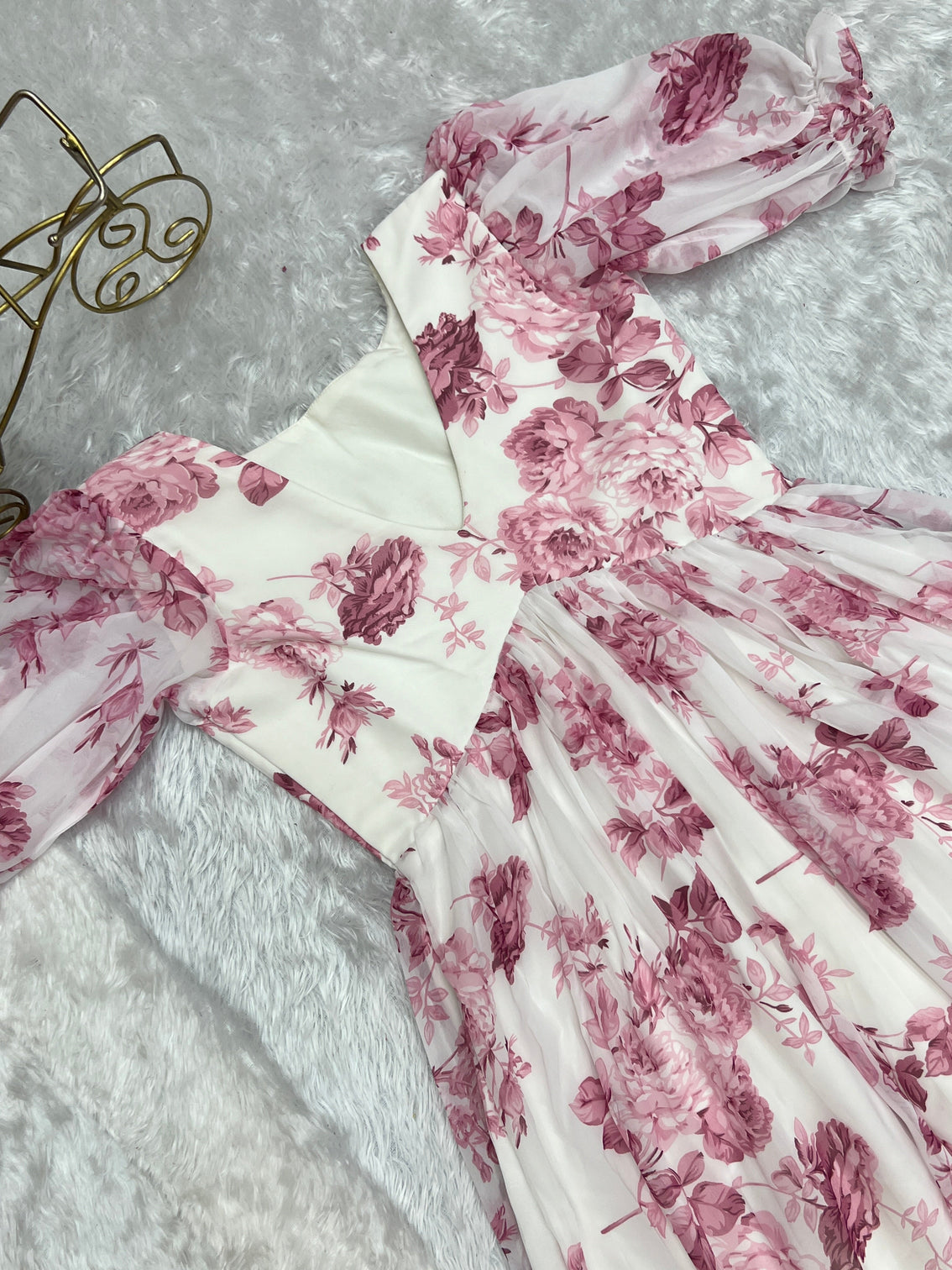 Pink Elegant Floral Print Soft Georgette One-Piece Dress – Fully Stitched & Ready to Wear