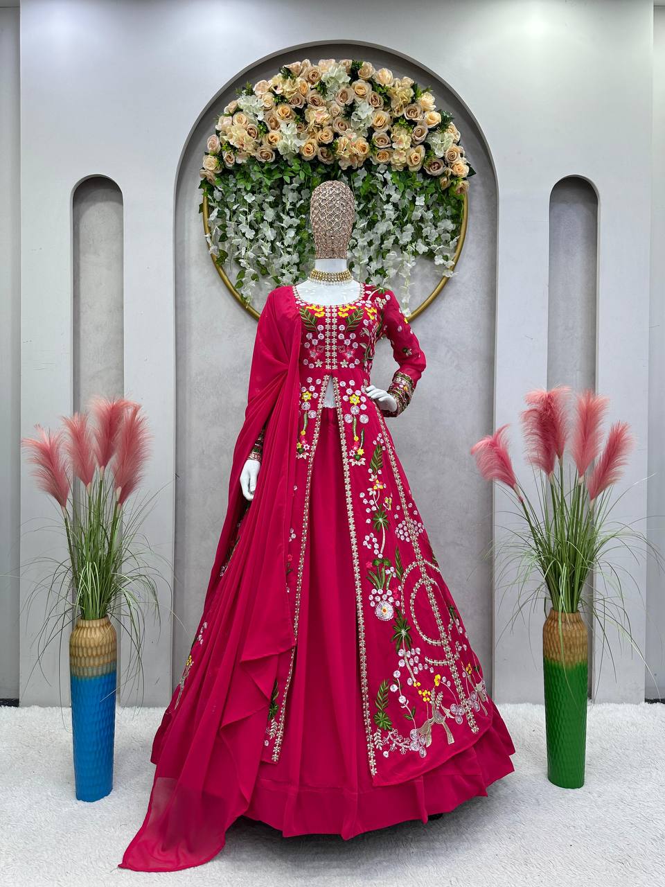 Pink Elegant Fox Georgette Lehenga Set with Full-Stitched Top & Lace Border Dupatta
