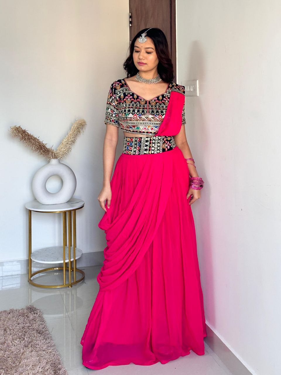 Pink Elegant Fox Georgette Plazo Set with Sequin Choli & Dupatta Waist-Belt Style