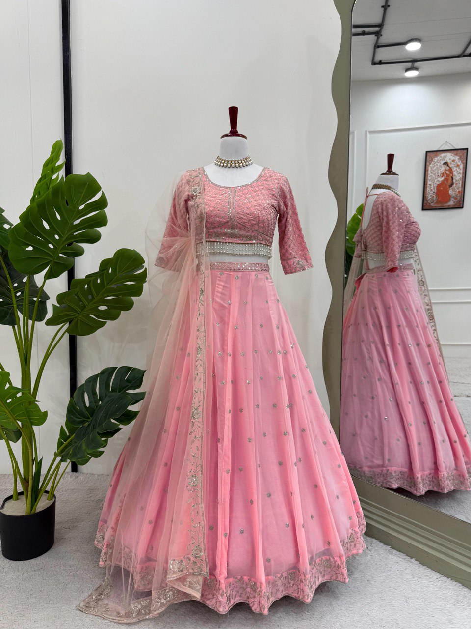 Pink Elegant Fox Georgette Semi-Stitched Lehenga Choli with Sequins & Fancy Dupatta