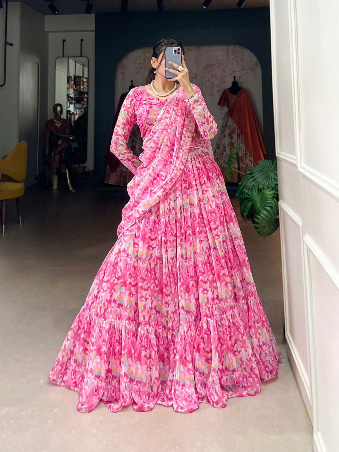 Pink Elegant Georgette Lehenga Set with Printed Design & Lace Touch-Up