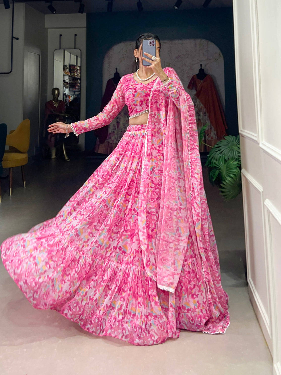 Pink Elegant Georgette Lehenga Set with Printed Design & Lace Touch-Up