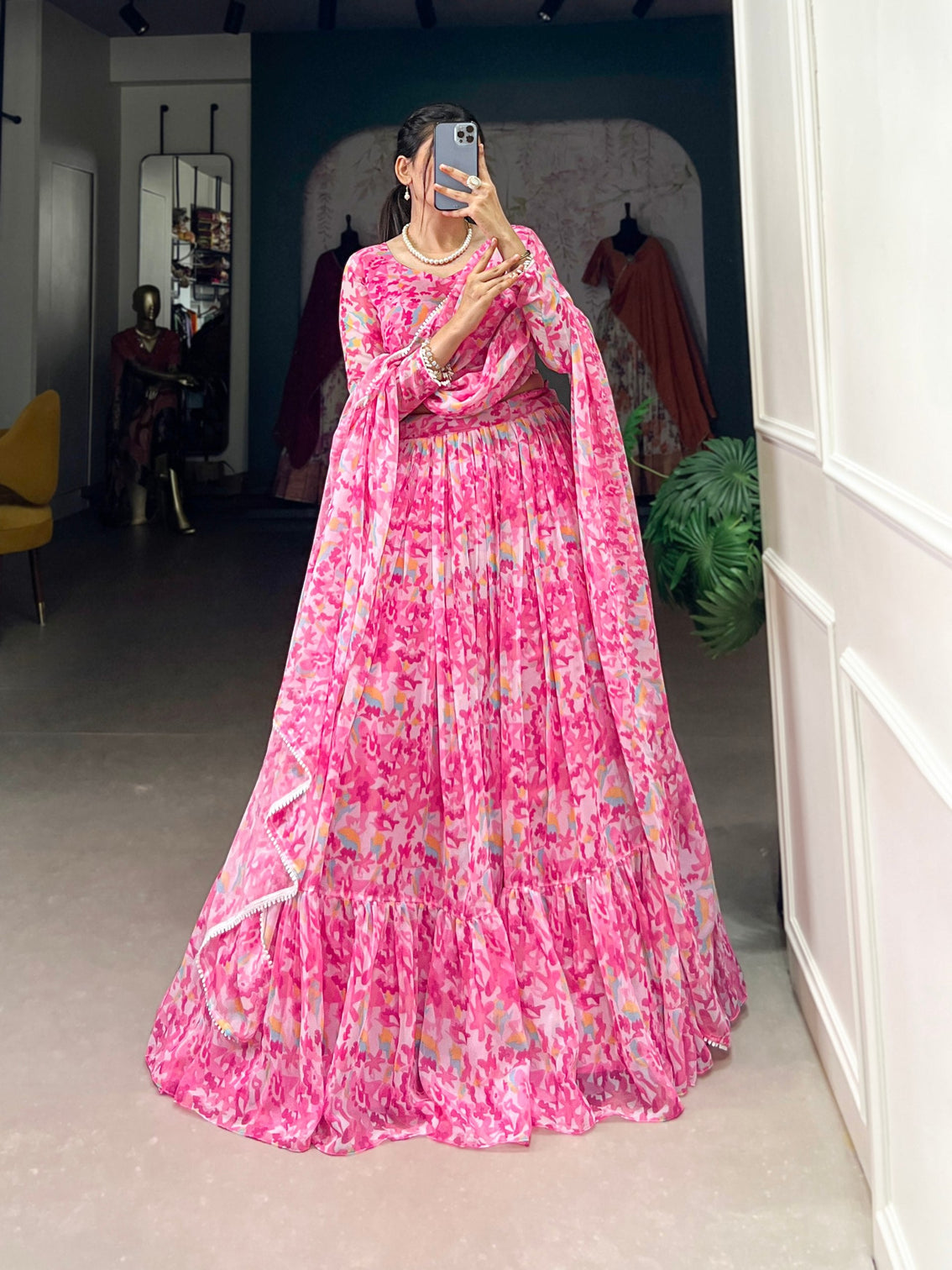 Pink Elegant Georgette Lehenga Set with Printed Design & Lace Touch-Up