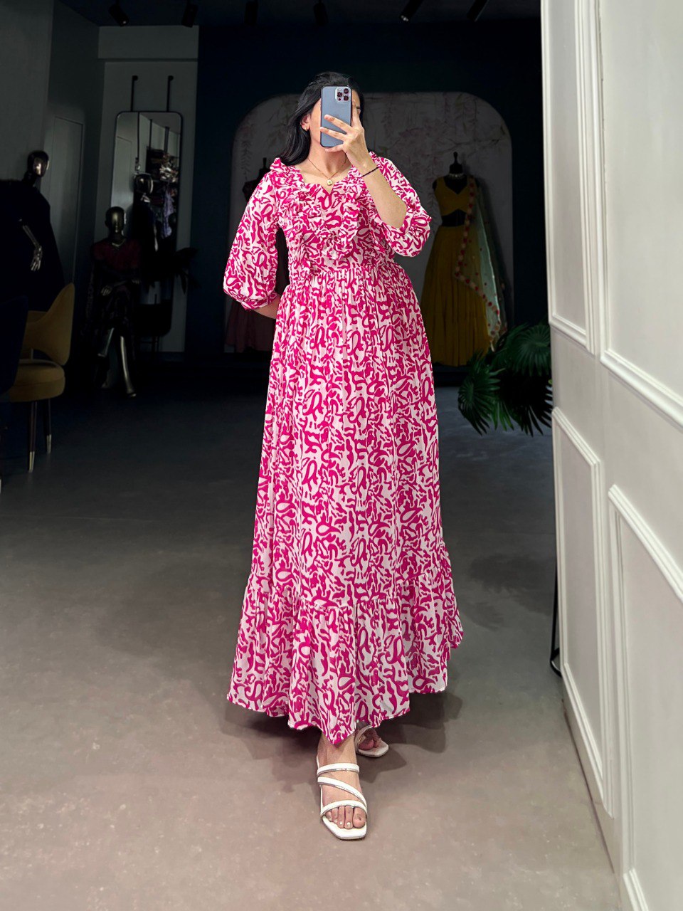 Pink Elegant Georgette Printed Frock – Stitched & Comfortable