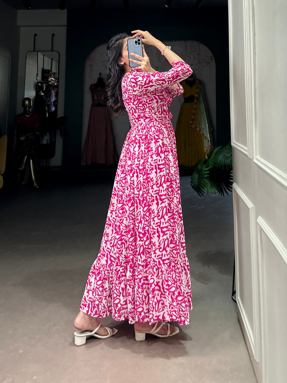 Pink Elegant Georgette Printed Frock – Stitched & Comfortable