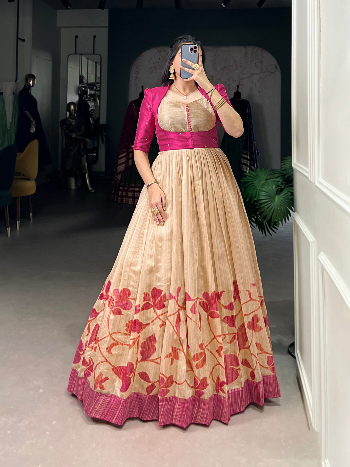 Pink Elegant Green Silk Printed Gown with Embroidered Banglory Koti