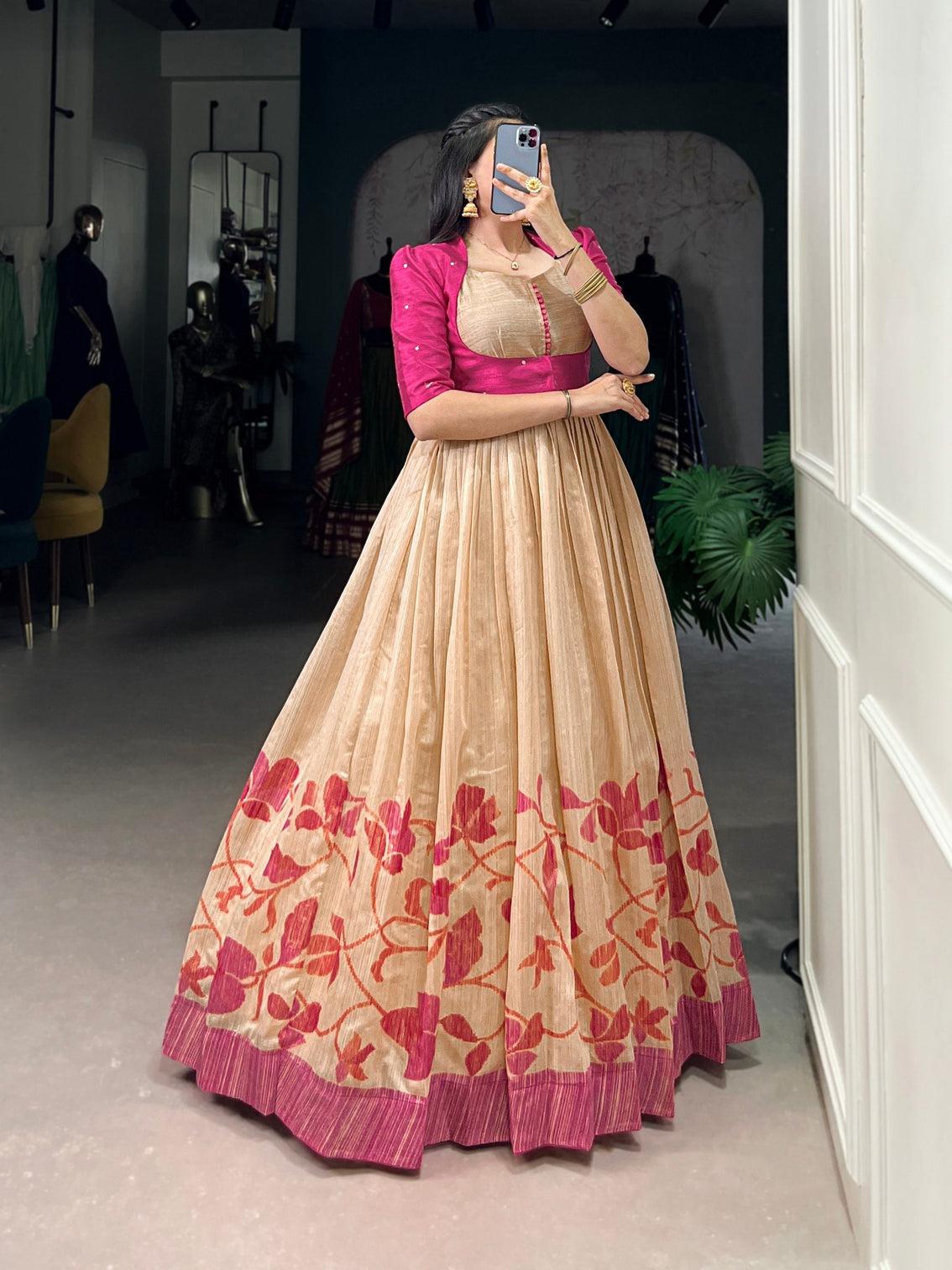 Pink Elegant Green Silk Printed Gown with Embroidered Banglory Koti